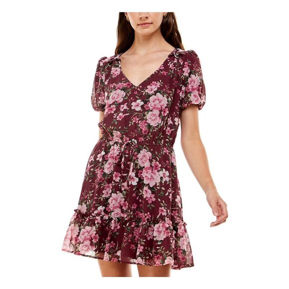 CRYSTAL DOLLS Dresses & Skirts - CRYSTAL DOLLS Womens Fit + Flare Short Dress Tie Pouf Sleeve V Neck Party